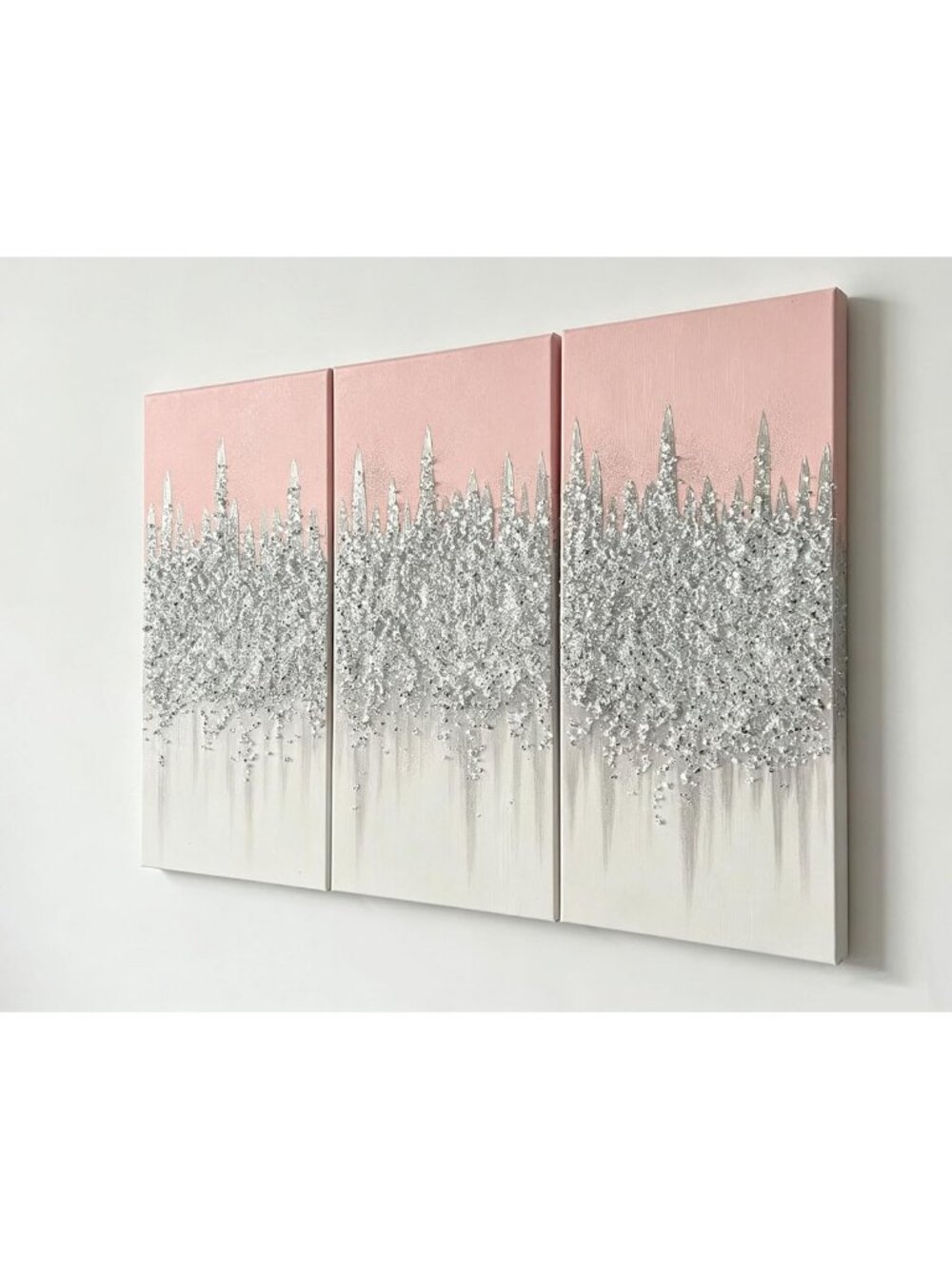 Blush Pink Silver Crushed Glass Wall Art Set of 3 - Modern Glitter Canvas Decor